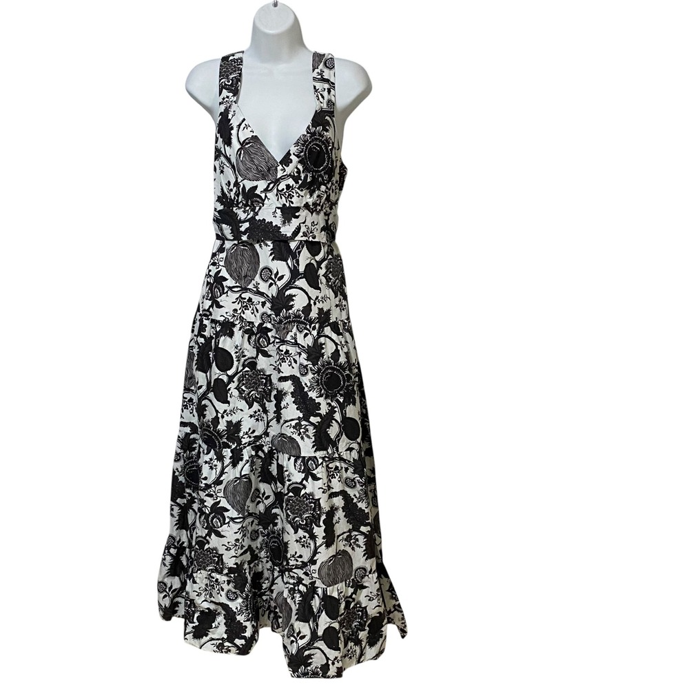 J.Crew Womens Black White Botanical Print Tiered V-Neck Maxi Dress Size 14